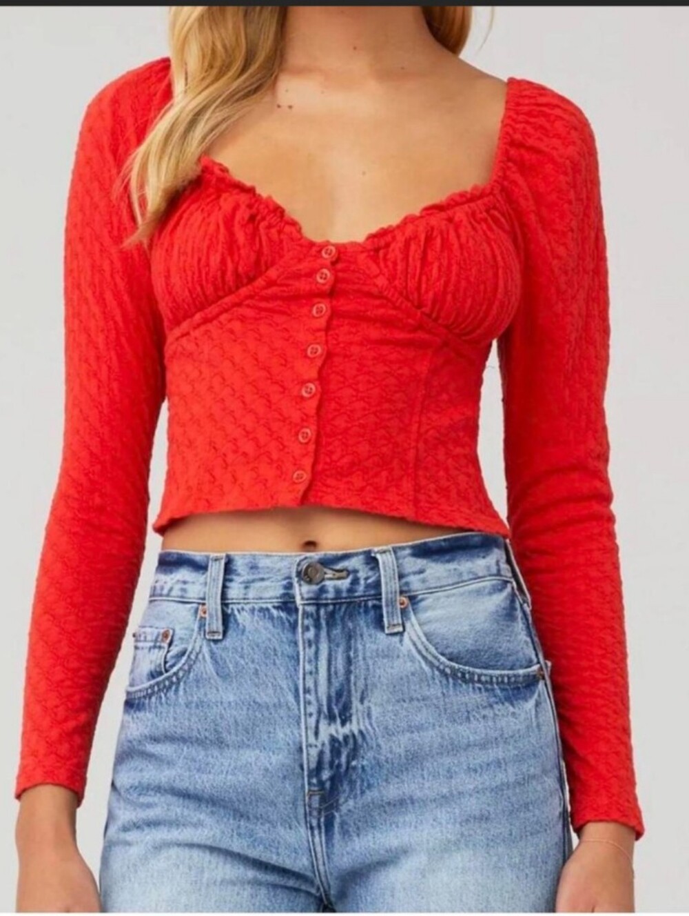 Free People Top Size S Red Babydoll Cropped Summer Long Sleeve Corset Cotton